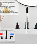 Black Bathroom Faucet With Two Handles Widespread 3 Holes Deck Mount No Fuss Install 360 Degree Swivel Spout Pop Up Drain 8 Inch Center 1.19 GPM Flow Cold And Hot Water Mixing Sleek Modern Sink Fixture in use with hot and cold controls.