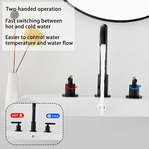 Black Bathroom Faucet With Two Handles Widespread 3 Holes Deck Mount No Fuss Install 360 Degree Swivel Spout Pop Up Drain 8 Inch Center 1.19 GPM Flow Cold And Hot Water Mixing Sleek Modern Sink Fixture in use with hot and cold controls.