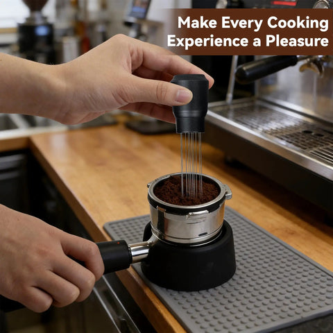 Espresso Distribution Tool and Portafilter Holder for Ninja Espresso Machines ES601 ES701 in use at a cafe