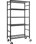 5-Tier Wire Shelving Unit With 360-Degree Wheels And Adjustable Leveling Feet, Heavy-Duty Garage Storage Shelf, Black Metal, Side View