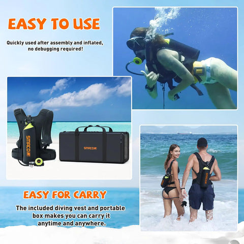 Divers using Ultra Portable 1.9L Aluminum DOT Certified Scuba Tank with vest on the beach, showcasing ease of use and transportability.