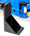 Premium Steel Container Jack Lug With Limiter Leveler, heavy duty black steel lifting lug positioned next to a blue jack.