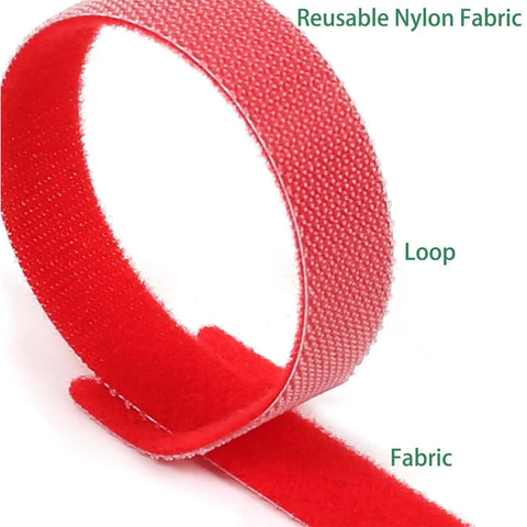 Close-up of red reusable nylon fabric loop fastener from Multicolor Nylon Fabric Cable Ties With Reusable Hook And Loop Fasteners, 102 Pcs.