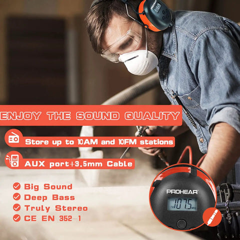 Man wearing AM FM Radio Headphones With Digital Display 25dB NRR Safety Earmuffs for outdoor work