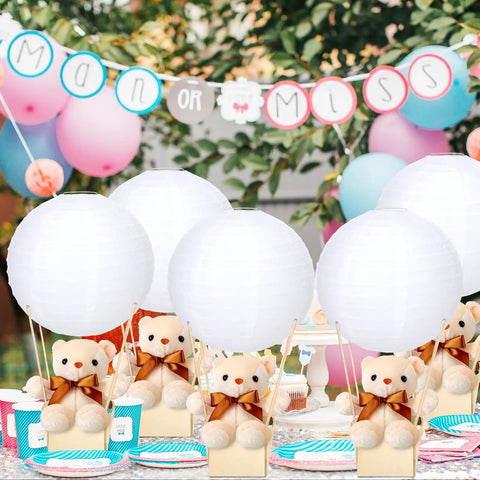 12 Sets Baby Shower Hot Air Balloon Table Centerpieces DIY Paper Lanterns with Plush Bears and Wooden Baskets at Gender Reveal