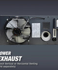 Power exhaust fan for Ceiling Mounted Forced Air Unit Heater With 50000 Btu Dual Fuel Propane Natural Gas for Garages Workshops.