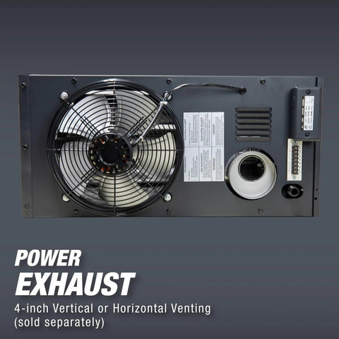 Power exhaust fan for Ceiling Mounted Forced Air Unit Heater With 50000 Btu Dual Fuel Propane Natural Gas for Garages Workshops.