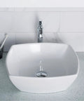 Elavo Square Vessel Sink In White Porcelain Ceramic For Bathrooms, 16.5 Inch, Easy Clean, glossy finish, installed on counter