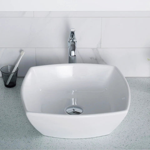 Elavo Square Vessel Sink In White Porcelain Ceramic For Bathrooms, 16.5 Inch, Easy Clean, glossy finish, installed on counter