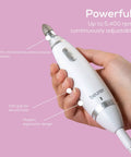 Top Shelf Portable Nail Drill Kit Electric File Machine With Ten Attachments And Ten Sanding Bands For Acrylic Gel Polish Home Manicure Pedicure LED light case held in hand with ergonomic design.