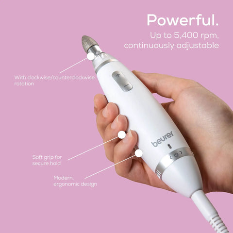 Top Shelf Portable Nail Drill Kit Electric File Machine With Ten Attachments And Ten Sanding Bands For Acrylic Gel Polish Home Manicure Pedicure LED light case held in hand with ergonomic design.