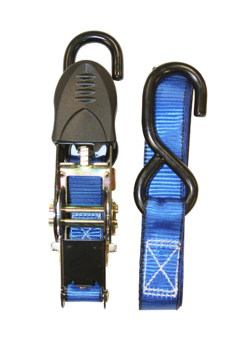 Heavy Duty 6 Pack Ratchet Straps Tie Down Haulers 1 Inch X 12 Foot With S Hooks showing blue strap and metal hook.