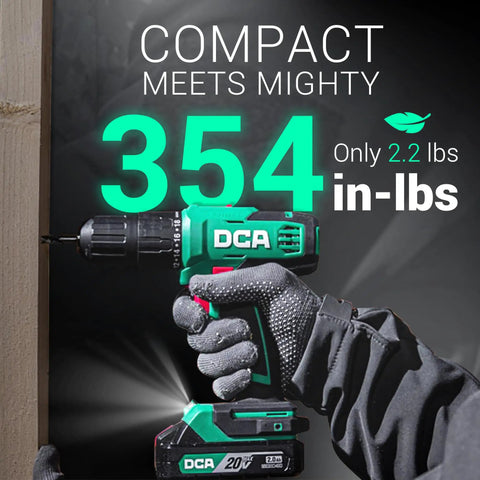 Close-up view of 20V Cordless Hammer Drill Kit in use, featuring 354 in-lb torque and half-inch keyless chuck for power and precision.