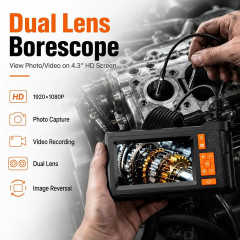 Dual Lens Borescope With 32GB Card, 4.3 Inch Endoscope Camera With Light, 1080P Photo And Video, 16.4ft SemiRigid Inspection Snake, No Apps Needed, IP67 Waterproof For Automotive Engine And HVAC, handheld on engine