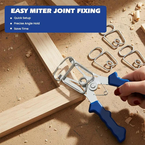 Eight Piece Miter Spring Clamps Set With Spring Loaded Pliers And Carabiner Adjustable From 0 To 2 Inches in use on wood frame