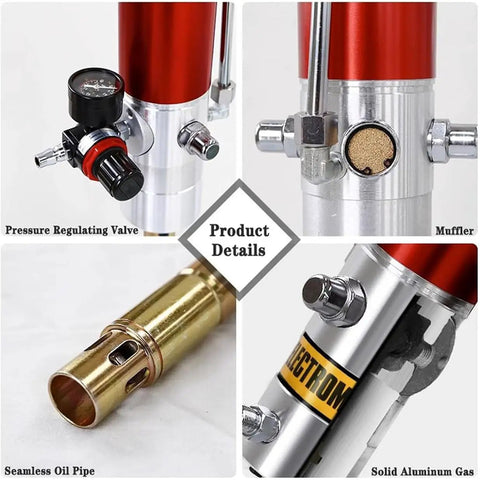Heavy Duty Pneumatic Grease Pump With 16 Foot Hose And Universal 55 Gallon Drum Cap close-up of pressure regulating valve and aluminum detail.