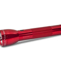 Red LED flashlight on white background, sleek design with textured grip, showcasing focus and on/off switch