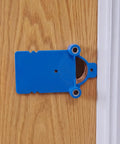 2 Piece Blue Lock Boring Jig Kit Hella Sturdy Metal Core With Heavy Duty Plastic Frame For Zero Grind Pre Drilled Door Alignment shown on wood door.