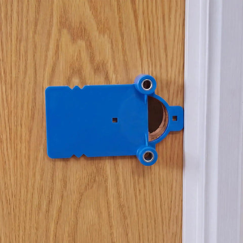 2 Piece Blue Lock Boring Jig Kit Hella Sturdy Metal Core With Heavy Duty Plastic Frame For Zero Grind Pre Drilled Door Alignment shown on wood door.