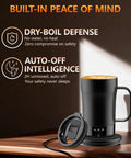 No Cap Self Heating Coffee Mug 14 Oz Rechargeable Smart Temperature Control Cup with safety features on a wooden table.