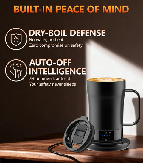 No Cap Self Heating Coffee Mug 14 Oz Rechargeable Smart Temperature Control Cup with safety features on a wooden table.