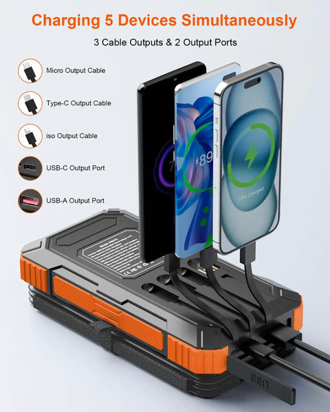 Massive 49800mAh Solar Power Bank With Four Built In Cables And Four Foldable Panels PD 22W Fast Charge USB C Input And Output