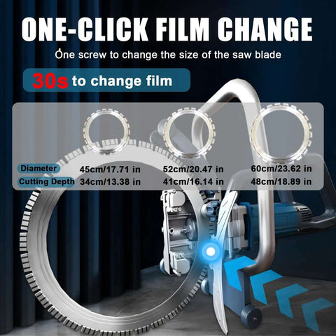 8800W Wet Masonry Ring Saw With Anti Vib Cushion Grip and Water Cooling for Dust Free Concrete Granite Marble Cutting includes 45cm, 52cm, and 60cm diamond blades.