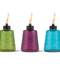 Carnival Glass Tabletop Torches 3 Pack for Patio Backyard and Garden Lighting, glass flame torches in blue, green, and purple