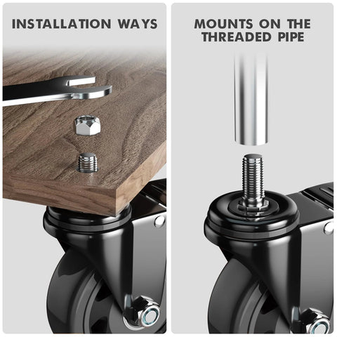 Installation of Four Inch Stem Caster Wheels Heavy Duty Threaded Stem Casters UNC 3/8-16 X 1 for furniture and carts.