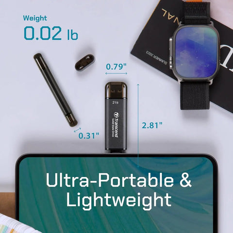 Ultra Fast 256GB External SSD With Dual USB Type C And Type A Ports Up To 1050 MB Per Second Read And 950 MB Per Second Write USB 3 Gen 2 Thumb Drive next to a tablet and pen