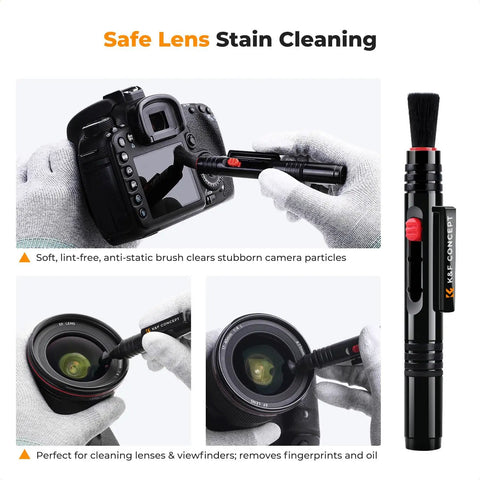 Person using cleaning pen from 10 In 1 Camera Lens Cleaning Kit for DSLR on camera screen and lens.