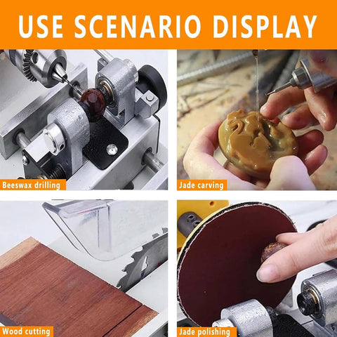 Badass Mini Table Saw With Bench Grinder Capabilities Delivering 750 Watt Motor Plus Smooth Variable Speed Control Hella Tough Rotary Power Tool For Woodworking And Jade Carving Craft Projects in use for drilling, carving, cutting, and polishing.