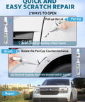 Instructional image showing two uses of the Toyota Touch Up Paint Pen 040 Super White Ice Cap Color Match Auto Paint Repair Pen For Scratch Remover.