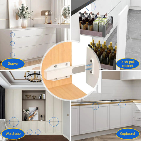 Slick Magnetic Push To Open Cabinet Latches Handle Free Touch Catch Heavy Duty Spring Loaded Drawer Closer No Sweat Setup For Rv Or Modern Closet Hardware 2 Pack showing various applications in cabinets and drawers.
