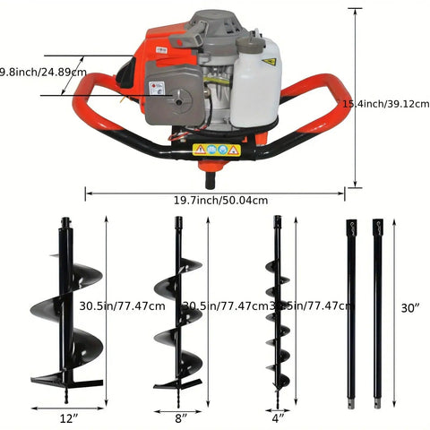 85cc Gas Powered Post Hole Digger with Earth and Ice Auger, 4in 8in 12in Drill Bits, Two 30-inch Extensions, 2 Stroke Gas Engine