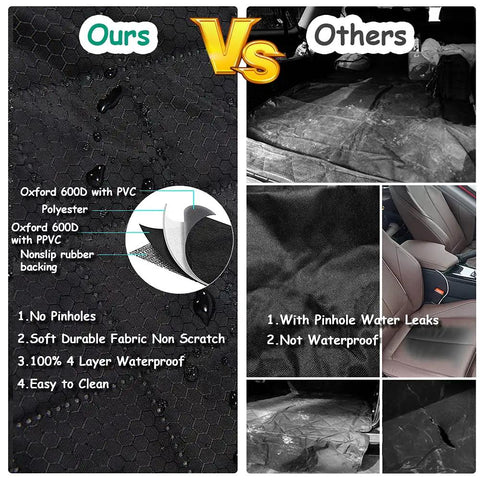 Comparison of waterproof Oxford 600D backseat dog car seat cover vs non-waterproof fabric with pinhole leaks for SUV and van.