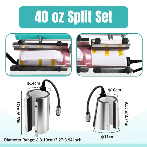 3 in 1 40 Oz Tumbler Heat Press Machine showing 40 oz split set attachments and dual control boxes for sublimation printing.