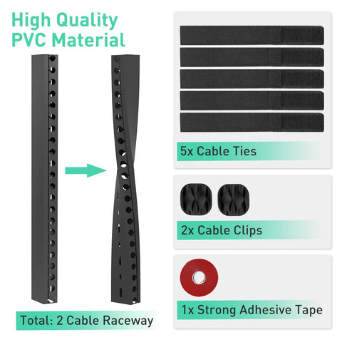Updated Open Slot Cable Raceway Kit With Five 77 Inch Wire Covers For Under Desk Cable Management, shown with cable ties and clips
