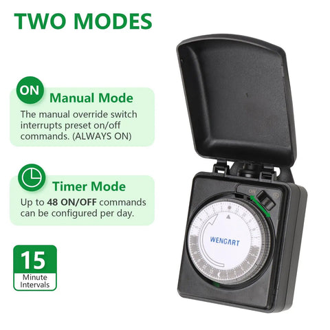 Badass All Weather Outdoor Mechanical Timer With Dual Grounded Outlets showing modes and settings for manual and timer operation.