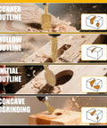 Heavy Duty Titanium Coated Rotary Burr Set Beefy Carbide Bits For Wood Carving, showing various wood outlines and shaping tips.