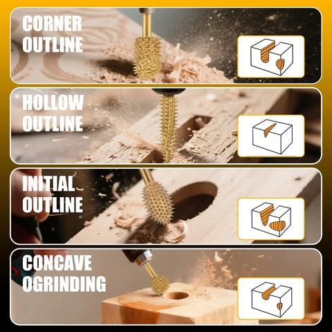 Heavy Duty Titanium Coated Rotary Burr Set Beefy Carbide Bits For Wood Carving, showing various wood outlines and shaping tips.