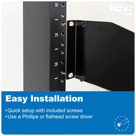 Top Shelf 2U Cantilever Rack Shelf Pair For 19 Inch Server Racks Built Different With Ventilating Steel Tray Holds Up To 50 Pounds installation process showing screw placement.