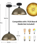MIAYBPH Pendant Lights Kitchen Island, 12" Antique Bronze Dome Pendant Light Fixture black brown with dimensions and bulb compatibility.