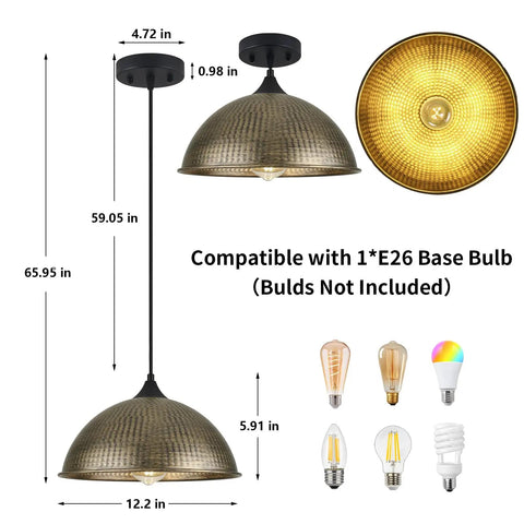 MIAYBPH Pendant Lights Kitchen Island, 12" Antique Bronze Dome Pendant Light Fixture black brown with dimensions and bulb compatibility.