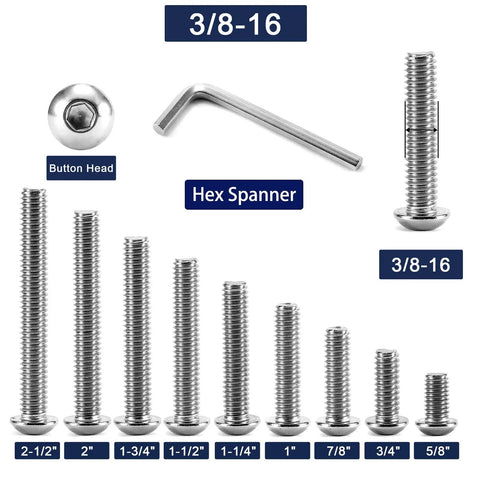 Heavy Duty 3/8-16 X 1-3/4 Button Head Socket Cap Bolts, 10 Pack 304 Stainless Steel showing sizes and hex spanner.