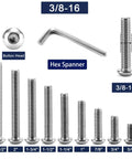 3/8-16 X 2-1/2 Inch Button Head Socket Cap Bolts 20 Pcs Set Built From Beefy 304 Stainless Steel with Hex Spanner image.