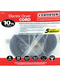 Heavy Duty 30 Amp Dryer Power Cord With Four Prong Plug, 10 Foot Copper Wire, Four Color Coded Eyelet Connectors, ISO 9002 Certified