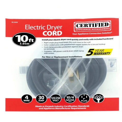 Heavy Duty 30 Amp Dryer Power Cord With Four Prong Plug, 10 Foot Copper Wire, Four Color Coded Eyelet Connectors, ISO 9002 Certified