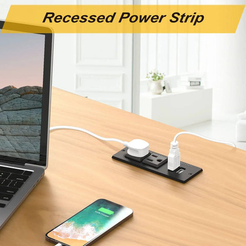 Flush Mount Desk Power Strip With Recessed Grommet 2 Outlets And 2 USB Ports 9.85 Ft Extension Cord ETL Listed on wooden desk
