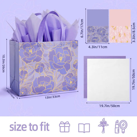 Two Pack 13 Inch Large Gift Bags Set With Greeting Card And Tissue Paper Reusable Nonwoven Gift Wrap Bags With Handles For Birthdays Weddings Mothers Day And Other Special Moments showing dimensions and design.